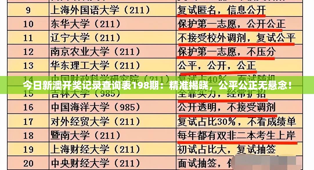 今日新澳开奖记录查询表198期：精准揭晓，公平公正无悬念！